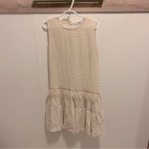 LIKE NEW 100% Italian Linen Tank Dress with Feather Accents Size Small Cream